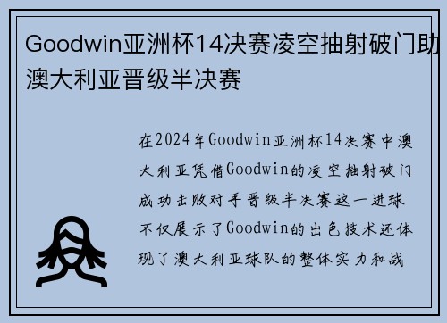 Goodwin亚洲杯14决赛凌空抽射破门助澳大利亚晋级半决赛
