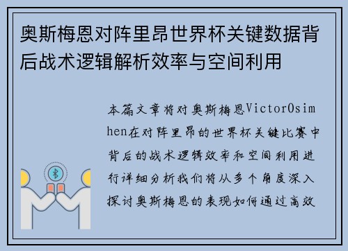 奥斯梅恩对阵里昂世界杯关键数据背后战术逻辑解析效率与空间利用