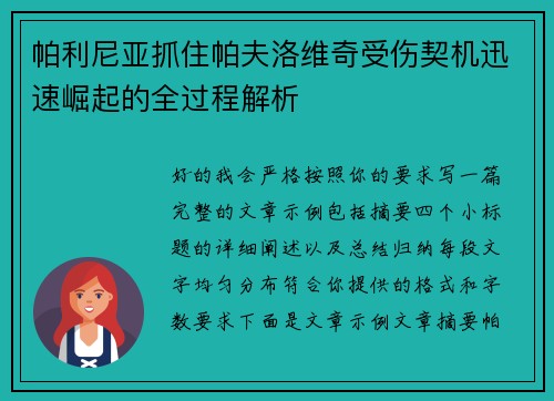 帕利尼亚抓住帕夫洛维奇受伤契机迅速崛起的全过程解析